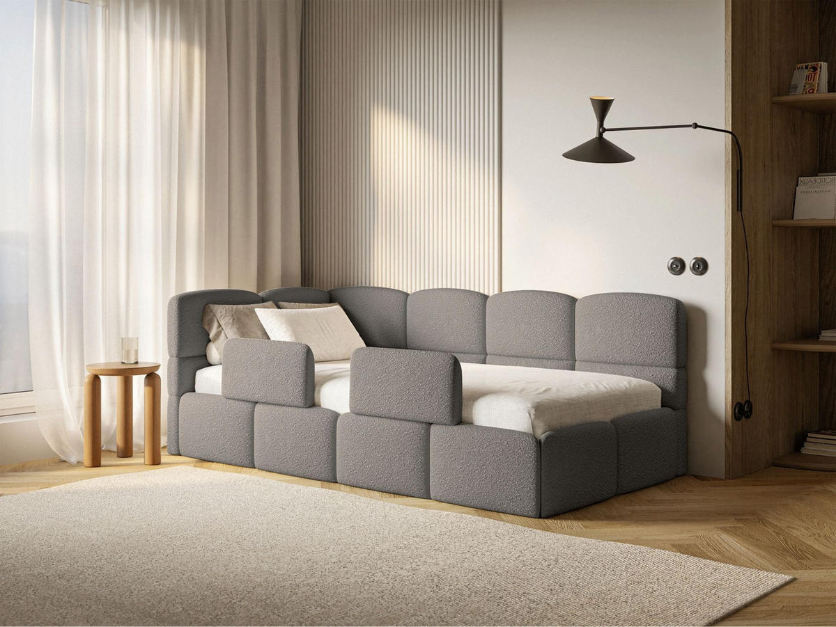JUGENDBETT Cloudy links mit Rausfallschutz Bouclé Grau - Grau, Kunststoff/Textil (90/200cm) - Selsey
