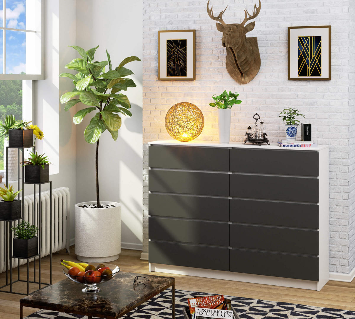 KOMMODE Weiß, Graphit Grau 121/160/40 - Weiß, Holzwerkstoff (160/121/40cm) - RAUMHIRSCH FURNITURE