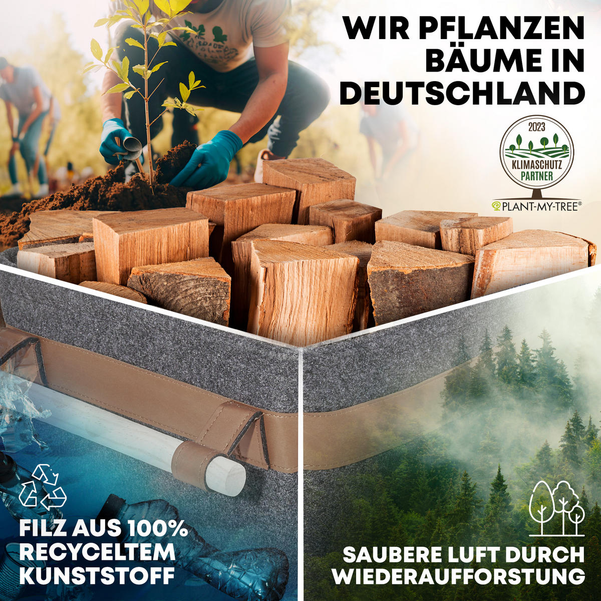 KAMINHOLZKORB FireMaster Filz mit schmutz- und wasserabweisendem Innenlayer und Lederboden 42/32/35 cm - Dunkelgrau, Textil (32/35/42cm) - OAKAGE