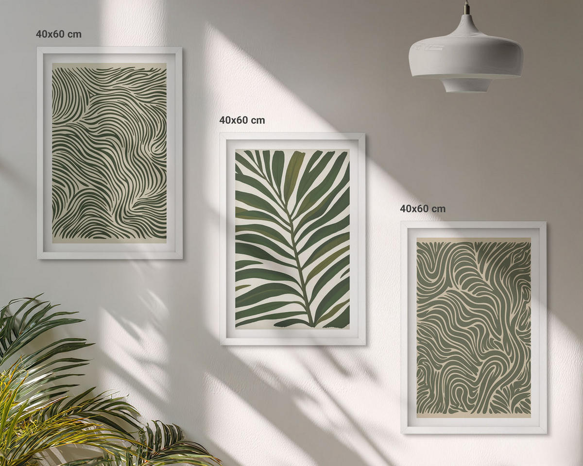 BILDER SET 3er Set - 40x60 cm Weißer Rahmen - Blattmuster wellenförmige Formen - Weiß, Kunststoff (40/60cm) - TULUP