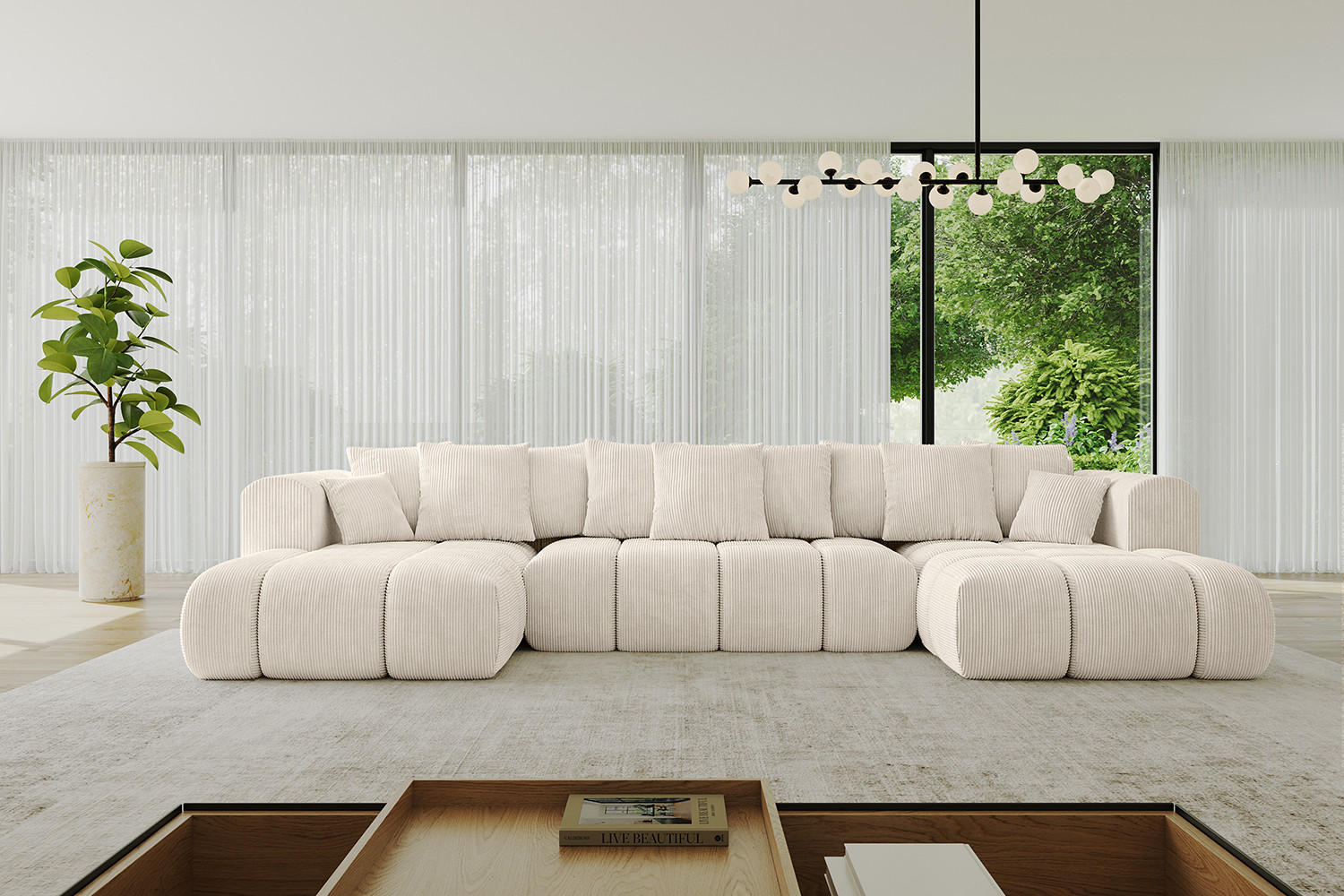 WOHNLANDSCHAFT Ottomane Links CLOUD-U-v1 414x180x40 Beige Cord - Beige, Holzwerkstoff/Kunststoff (414/90/180cm) - ALTDECOR
