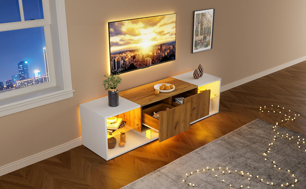 TV-SCHRANK in Weiß/Eicheoptik mit LED und 2 Schubladen 160/40/42 cm - Weiß, Holzwerkstoff (160/42/40cm) - Redom