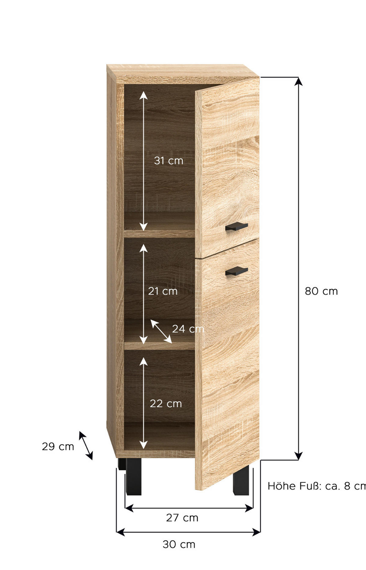 KOMMODE Eiche 30 cm, Badschrank hängend oder stehend - Eichefarben/Schwarz, Holzwerkstoff/Kunststoff (30/80/29cm) - Inn.Furn