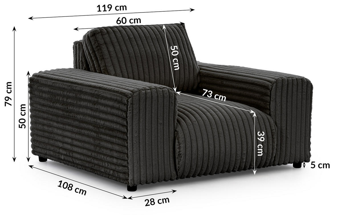 SITZGARNITUR 3+1 Mollis Dunkelgrau Plüschcord - Dunkelgrau/Schwarz, Holz/Kunststoff (213/79/108cm) - S-Style Möbel