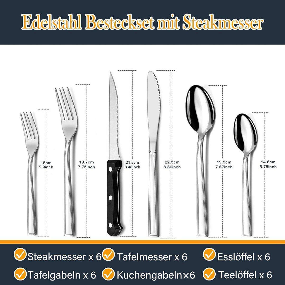 BESTECKSET 36-teilig Edelstahl 6 Personen mit Steakmessern spülmaschinenfest silber - Silberfarben, Metall
