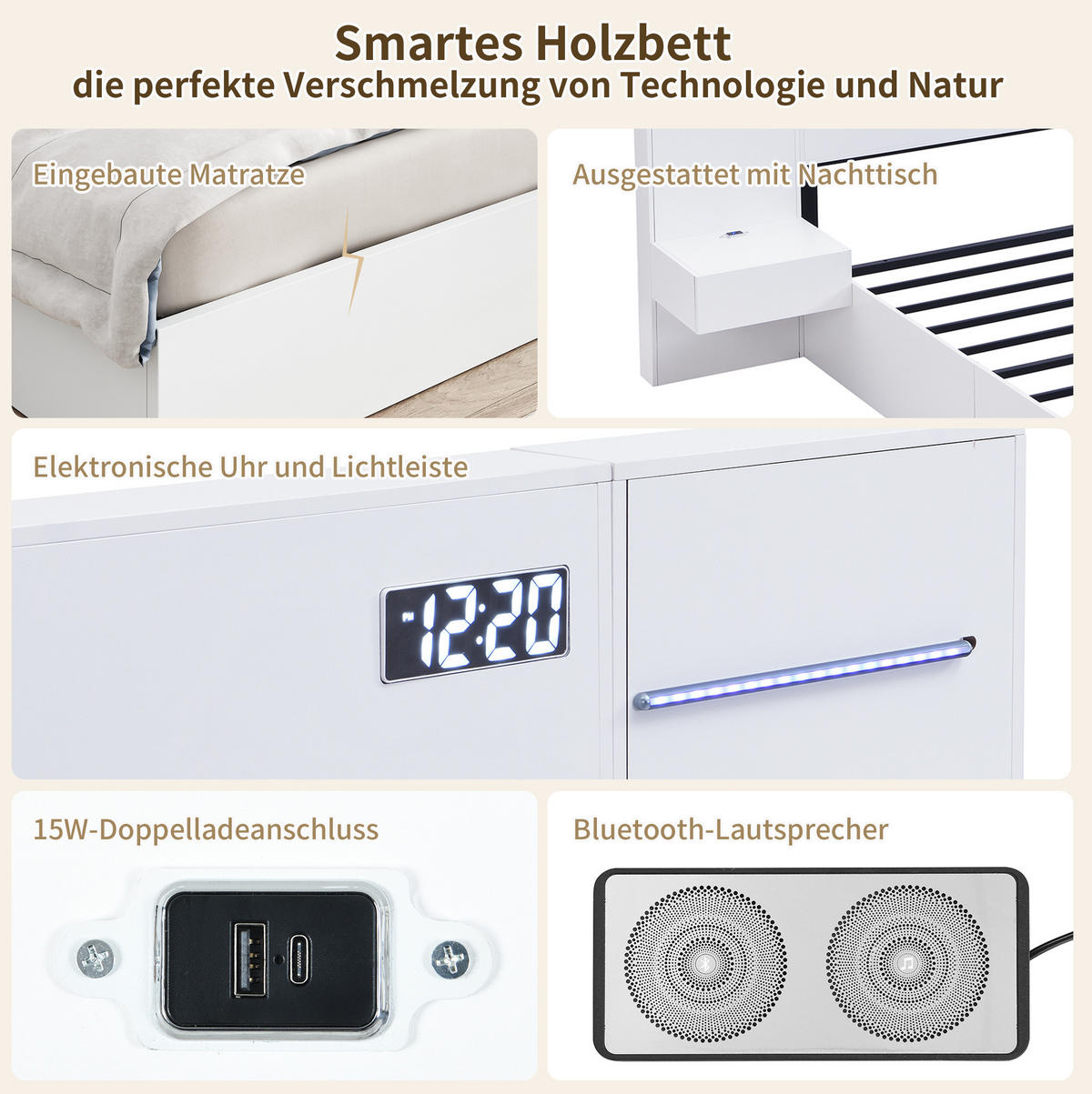 DOPPELBETT 160/200 cm aus MDF mit USB-A/USB-C, Bluetooth-Lautsprechern, Uhr, LED-Lichtleiste und 2 Nachttischen, Weiß - Weiß, Holzwerkstoff (160/200cm) - Redom