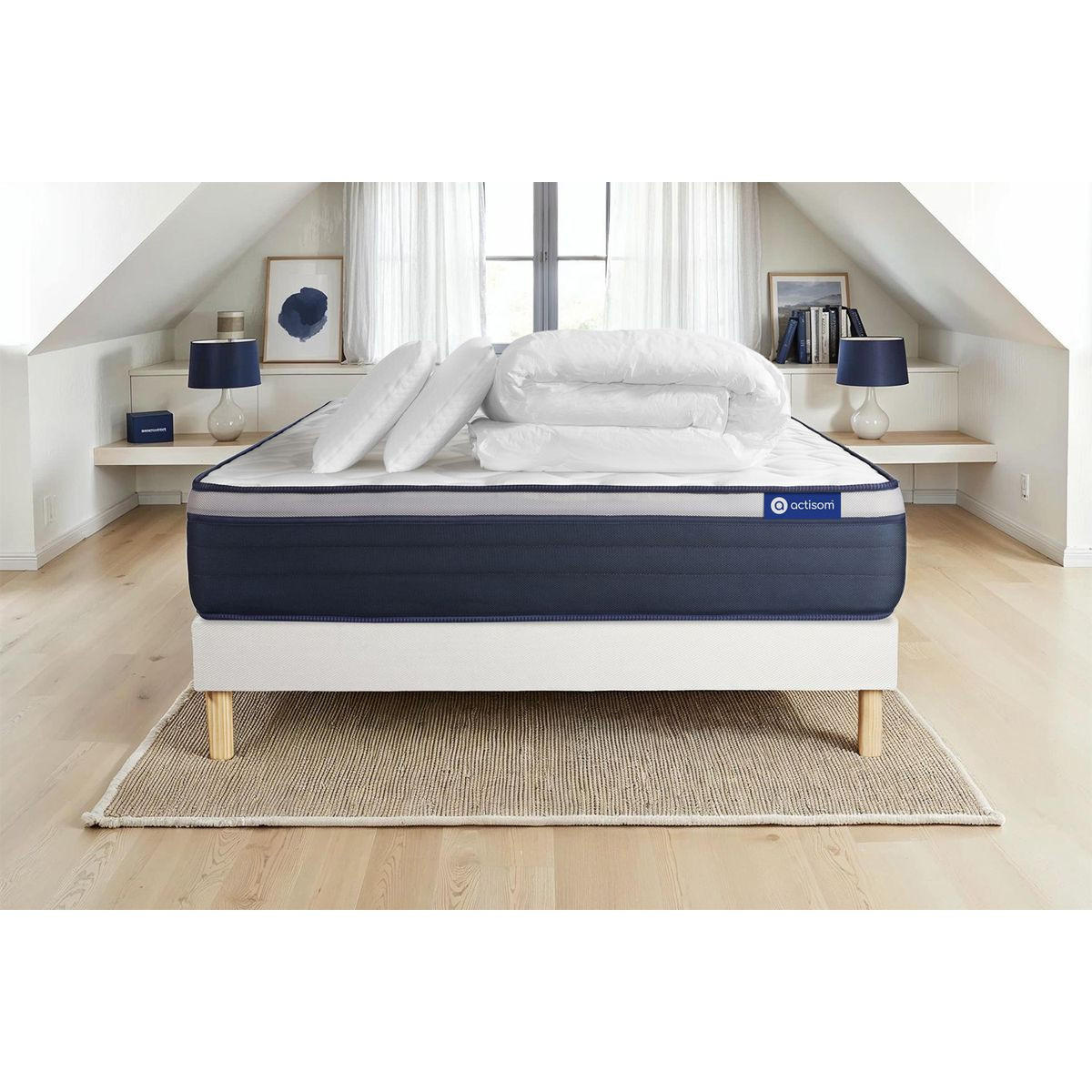 BETT Actiflex max Taschenfederkern und Memory-Schaum 140 x 200 cm h3 - Kit Bettgestell Weiß - Mit Kissen und Bettdecke - Beige/Weiß, Karton/Holz (140/200cm) - ACTISOM