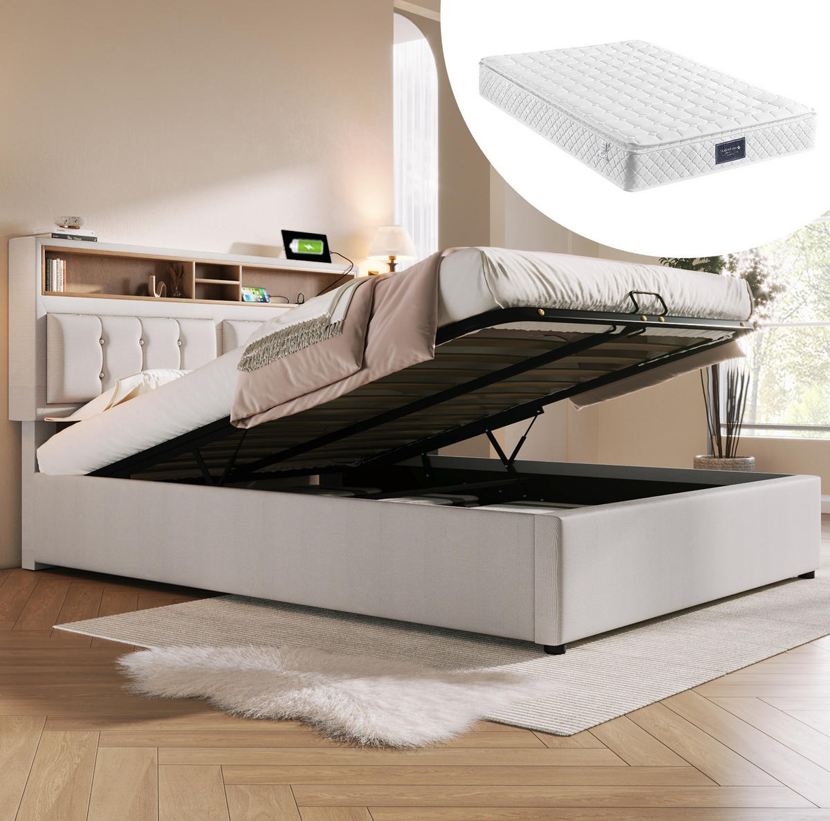 POLSTERBETT 160/200 cm mit Bettkasten, Lattenrost und verstellbarem Kopfteil - Beige, Textil (160/200cm) - BEAOK