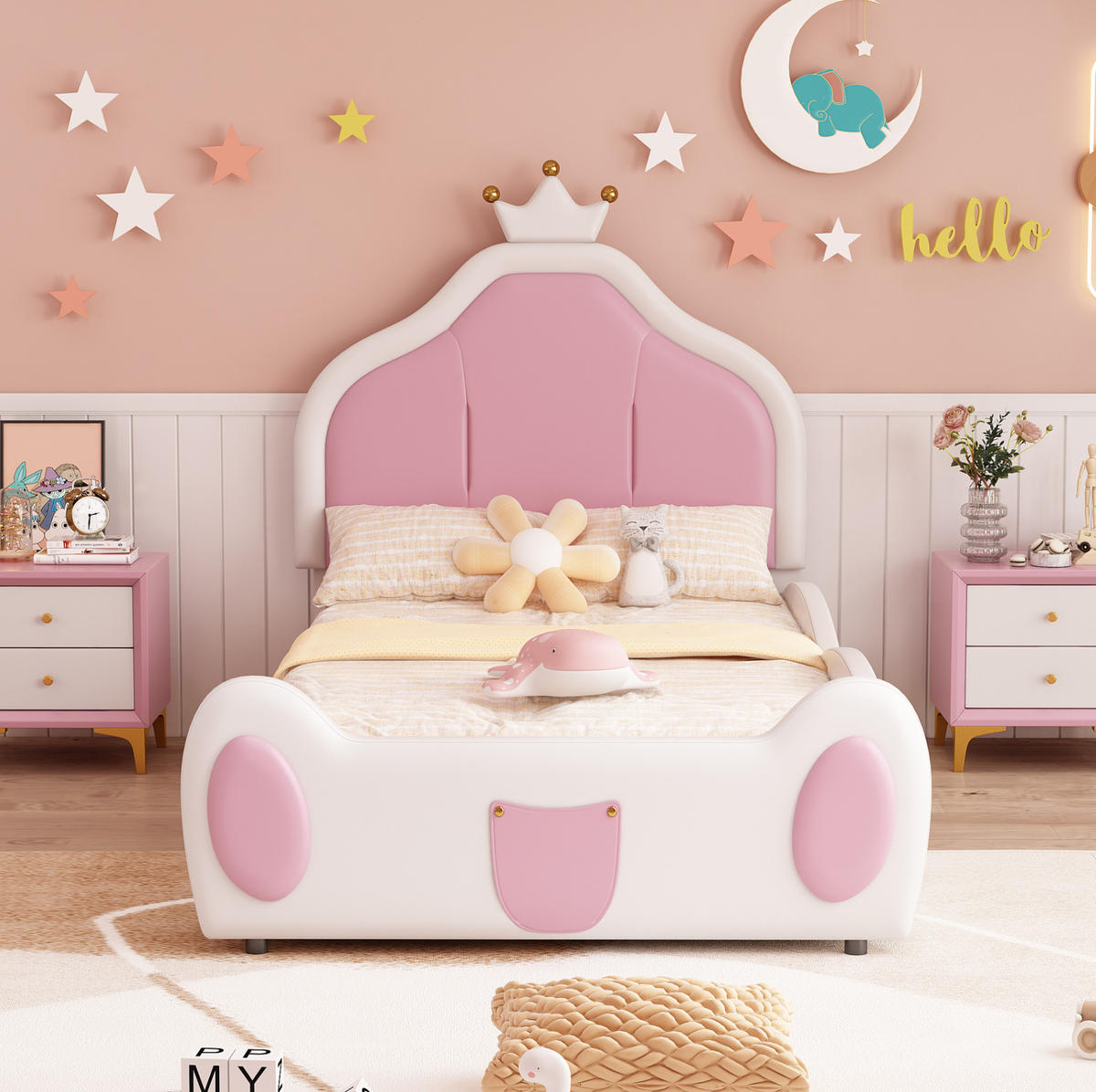 KINDERBETT 90/200 cm aus Kunstleder in Weiß/Rosa mit Kronen-Kopfteil - Weiß, Textil (90/200cm) - BEAOK