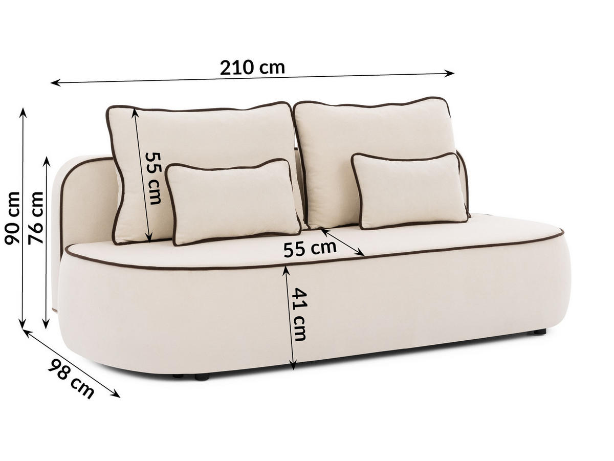SCHLAFSOFA Vero im modernen und abgerundeten Design mit Bettkasten aus Creme Plüschstoff mit brauner Paspel - Creme/Schwarz, Holz/Kunststoff (210/90/98cm) - S-Style Möbel