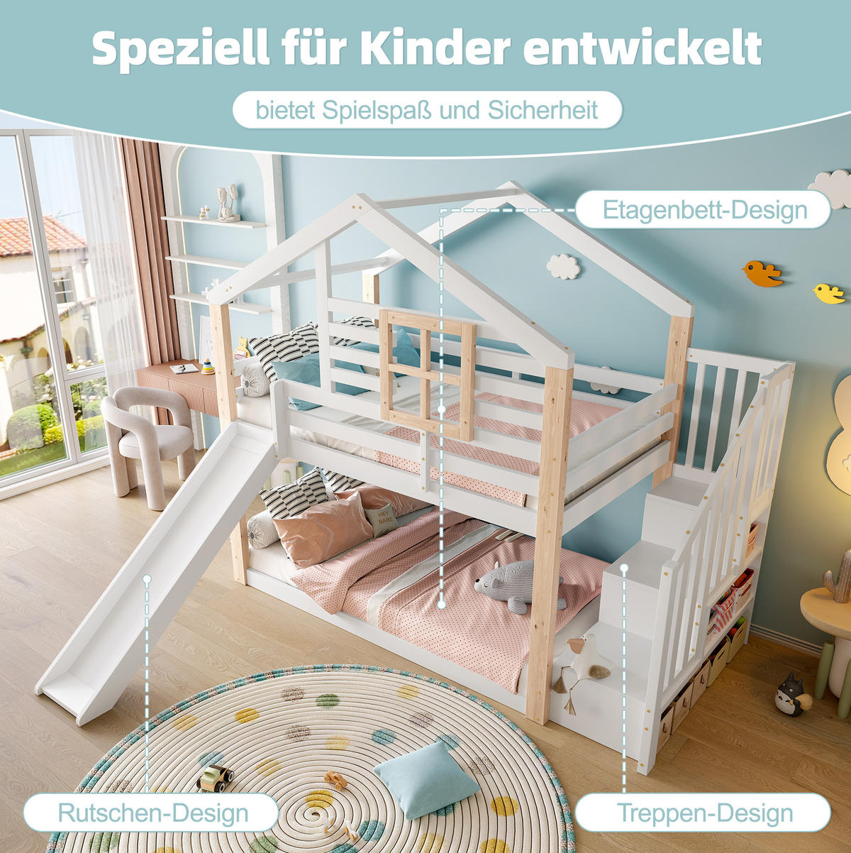 ETAGENBETT 90/200 cm weiß mit Rutsche und Treppe mit Stauraum - Weiß, Holz (90/200cm) - OKMYHOME