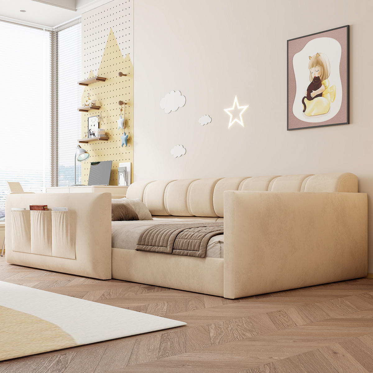 POLSTERBETT 90/200 cm in Beige Samt mit Kopfteil und Staufächern - Beige, Holzwerkstoff/Textil (90/200cm) - WISHDOR