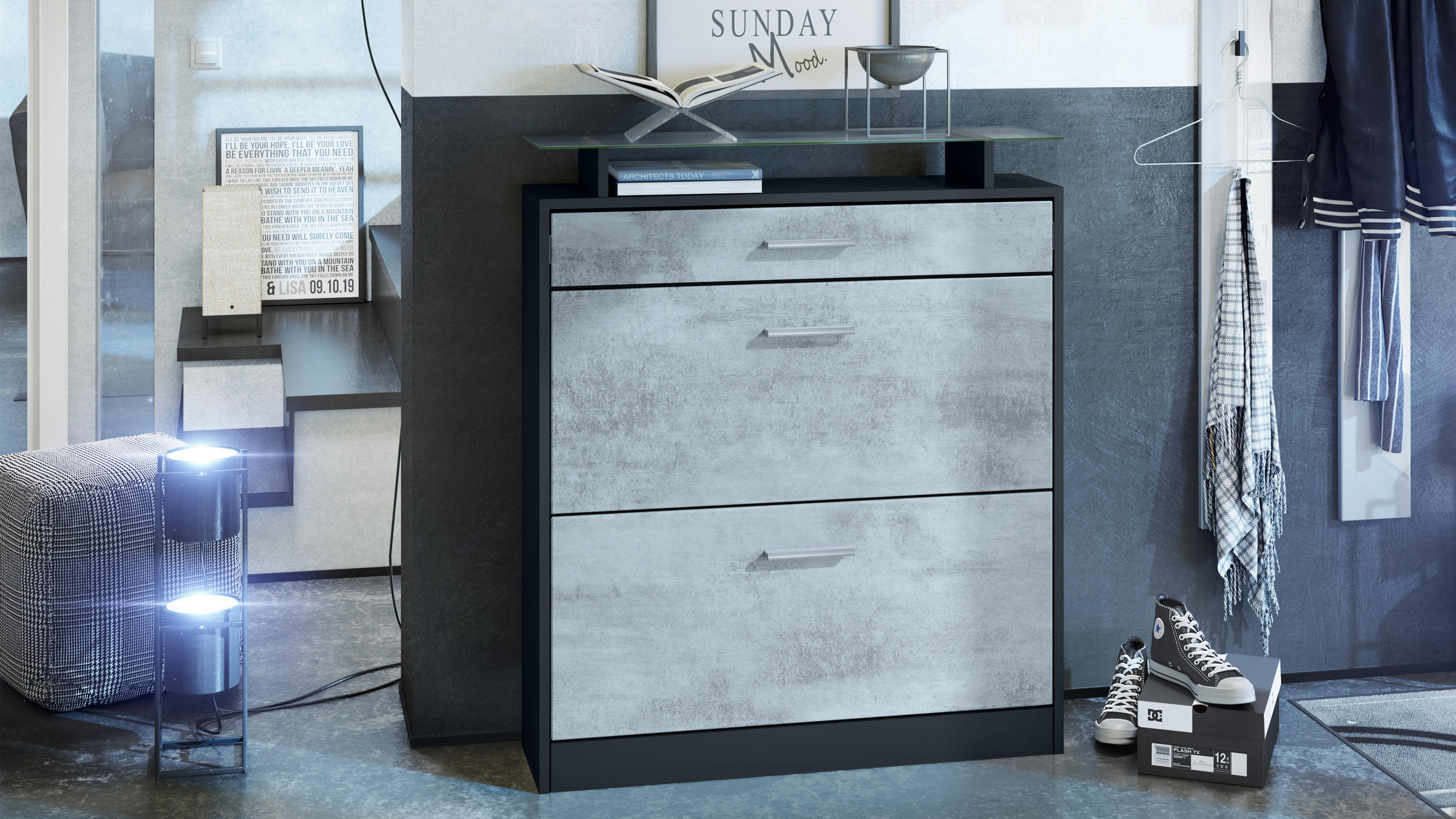 SCHUHSCHRANK Loret Front in Beton Oxid Optik - Hellgrau, Holzwerkstoff (89/104/23cm) - Vladon