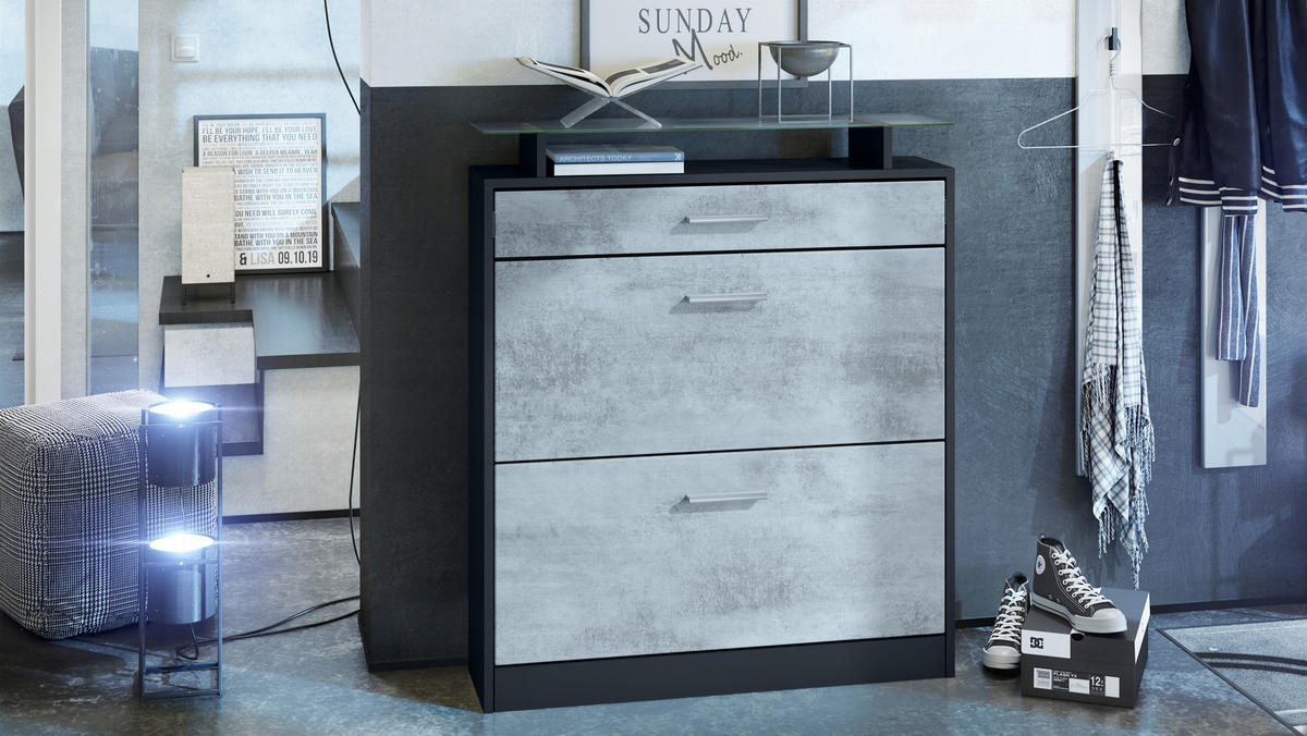 SCHUHSCHRANK Loret Front in Beton Oxid Optik - Hellgrau, Holzwerkstoff (89/104/23cm) - Vladon