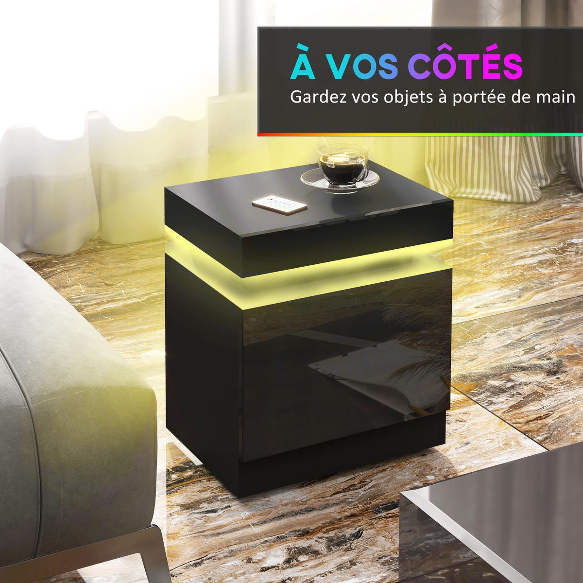 NACHTSCHRANK DE-12861 LED-RGB-Beleuchtung, Hochglanz Schwarz - Schwarz, Holzwerkstoff (35/52/45cm) - ComfortXL