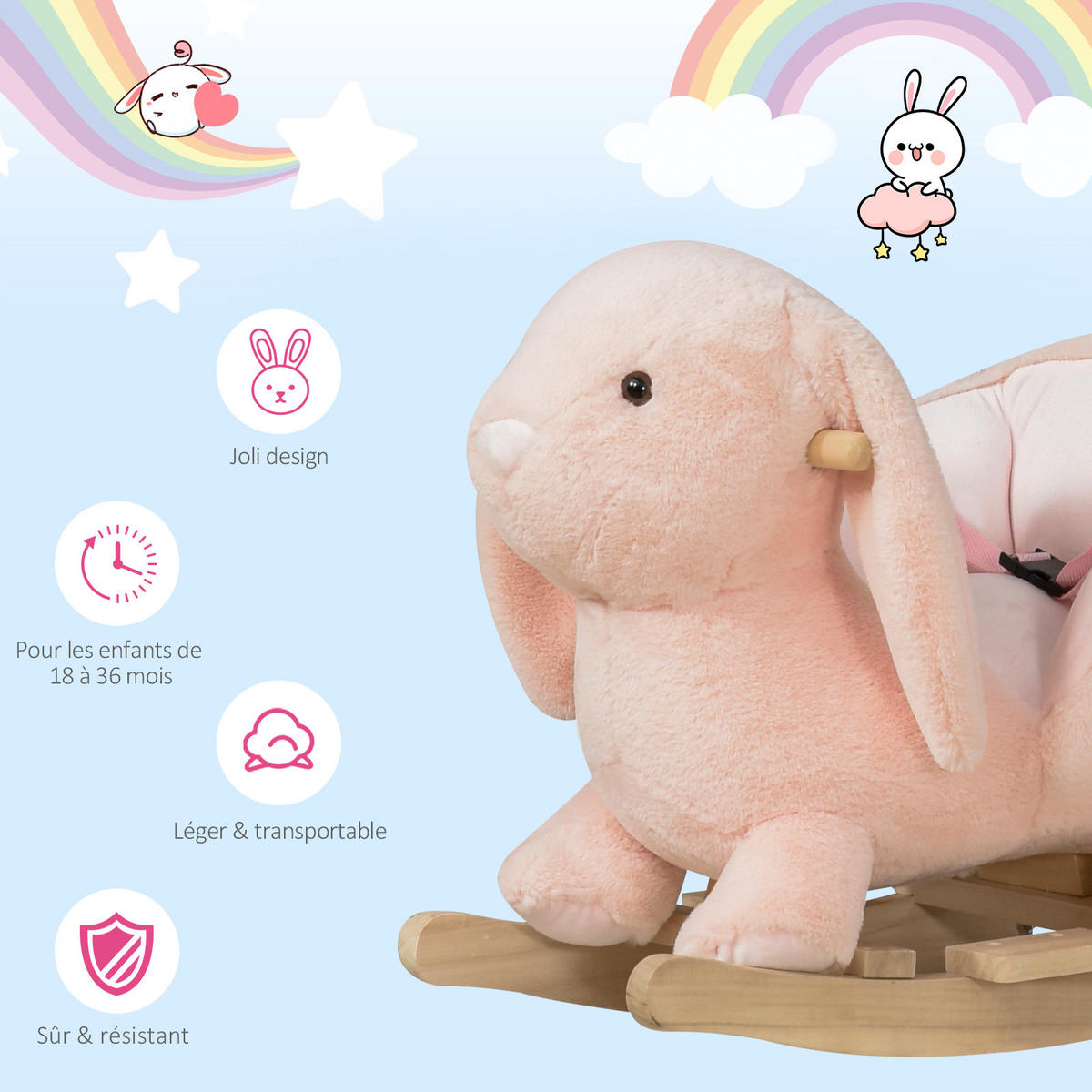 SCHAUKELPFERD DE-18233 mit Soundfunktion & Sicherheitsgurt Rosa - Pink, Holz (33/50/60cm) - ComfortXL