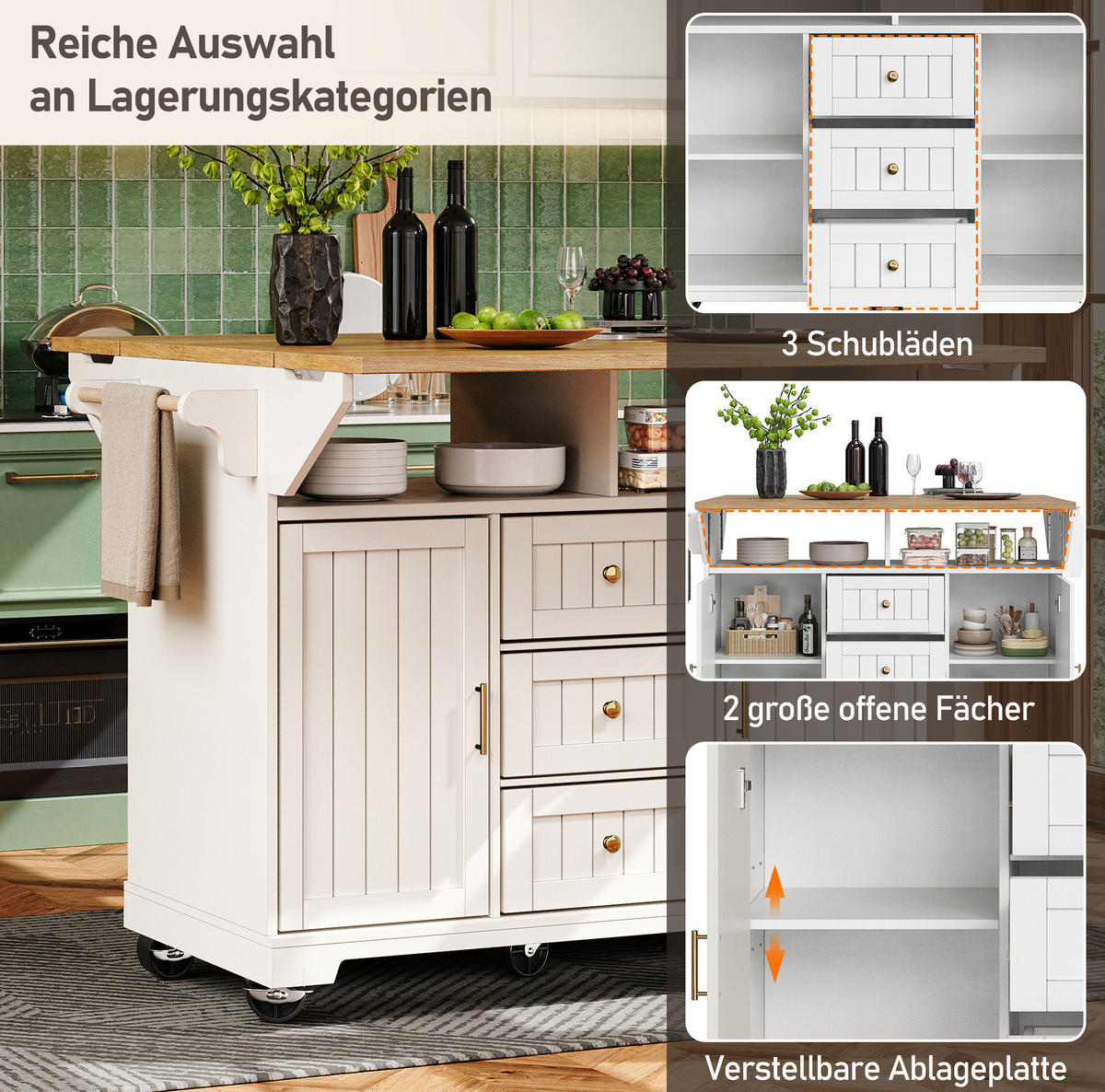 KÜCHENINSEL 120/40/95 cm weiß und Metall mit Klapptisch - Weiß, Holzwerkstoff (120/95/80cm) - OKWISH