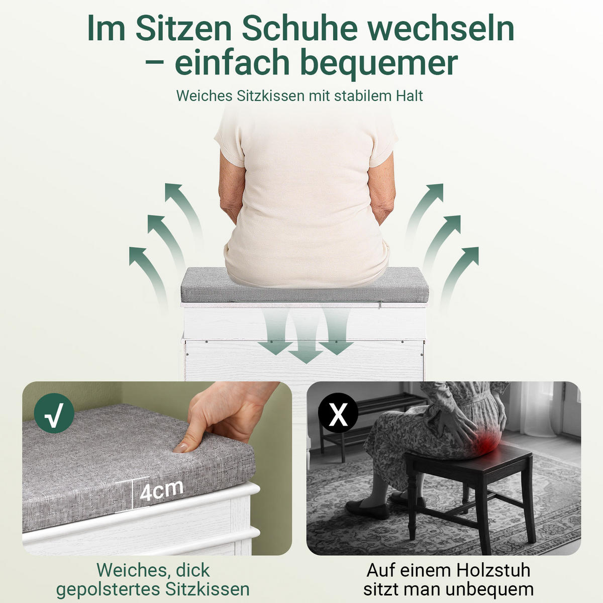 SCHUHBANK Weiß, 61x24 cm, graues Polster, Druckauszug, 4 Paar, bis 150 kg - Weiß, Holzwerkstoff (61/51/24cm) - SoBuy