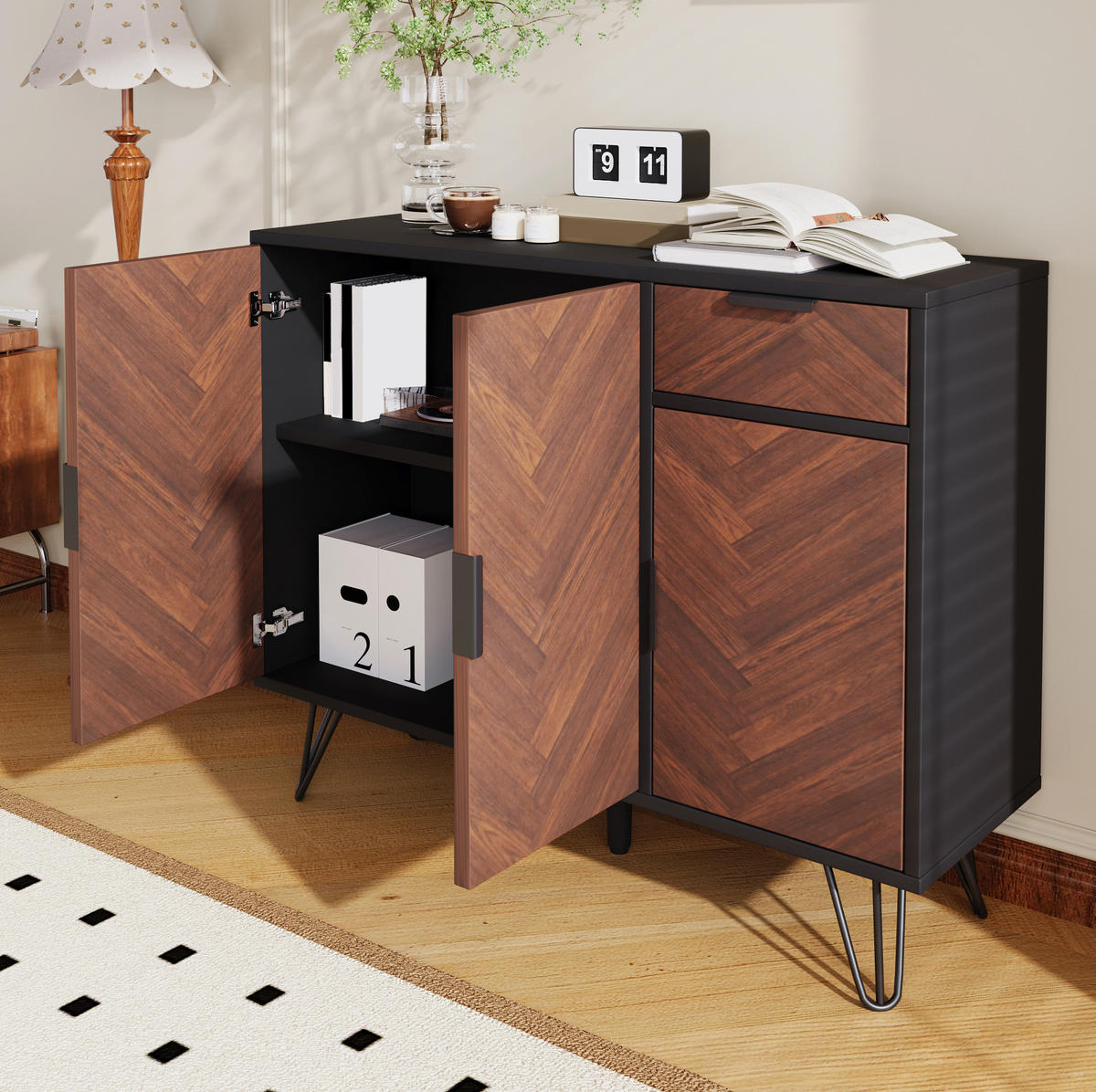 SIDEBOARD 90/30/71,5 cm in Schwarz und Holzoptik mit 3 Türen und Schublade - Naturfarben, Holzwerkstoff (90/71.5/30cm) - Flora Grace