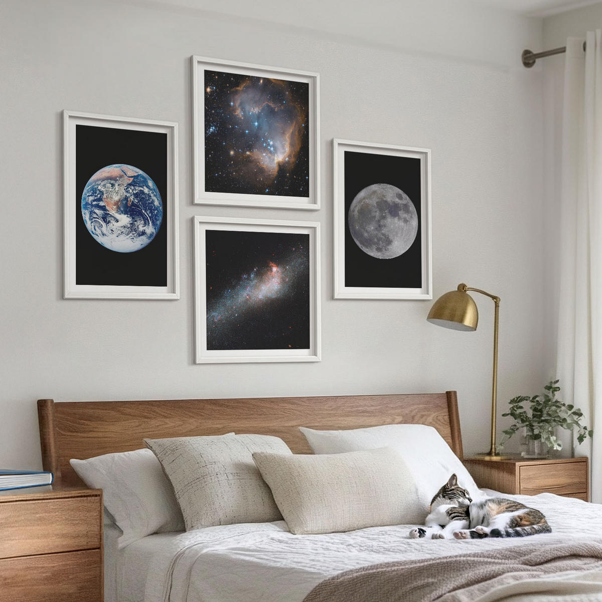 BILDER SET 4er Set - 50x50 cm & 40x60 cm Weißer Rahmen - Galaxie Weltraum Mond - Weiß, Kunststoff (50/50cm) - TULUP