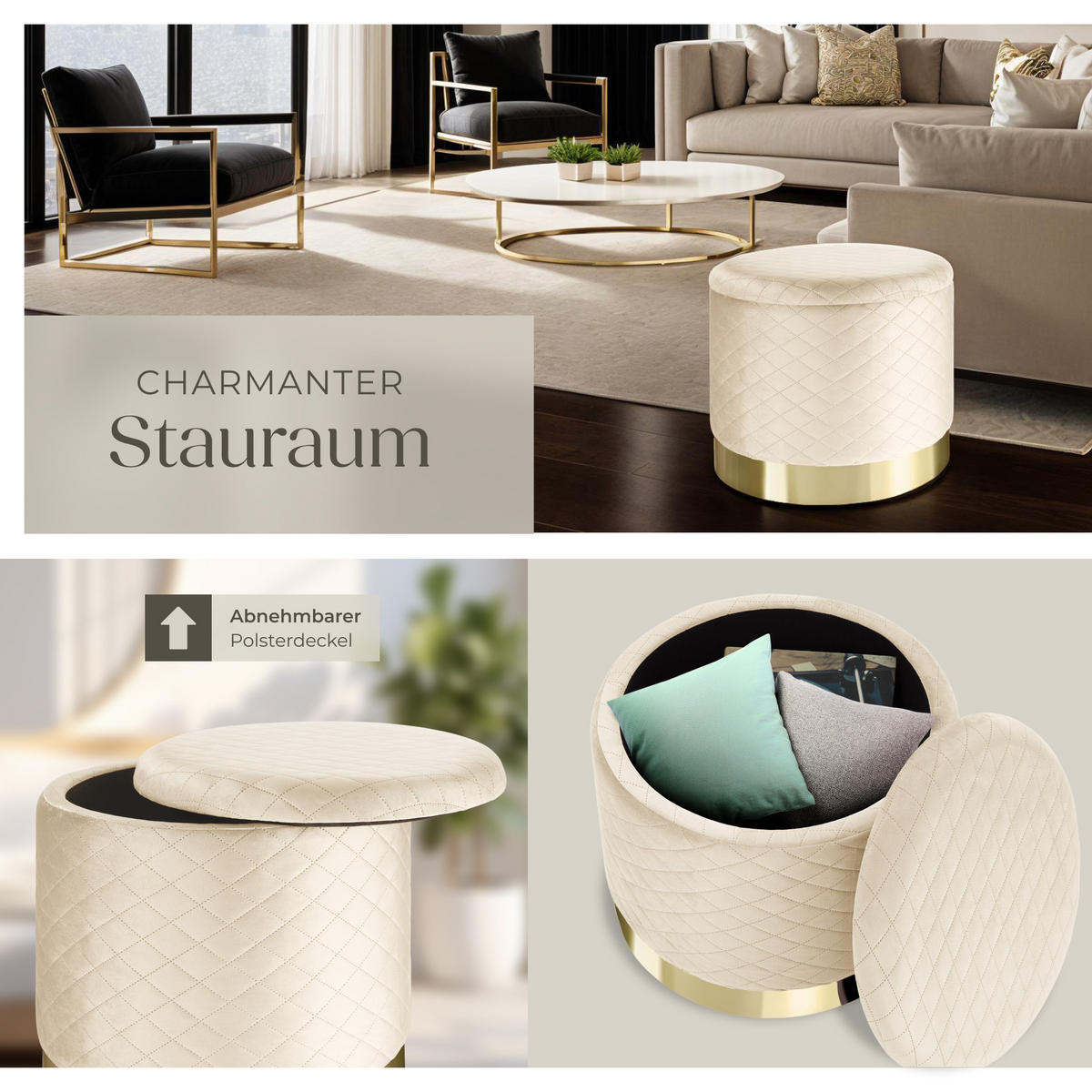 SITZHOCKER mit Stauraum Coco,51 x 44,5 cm,creme - Creme, Holz (51/44.5/51cm) - tectake