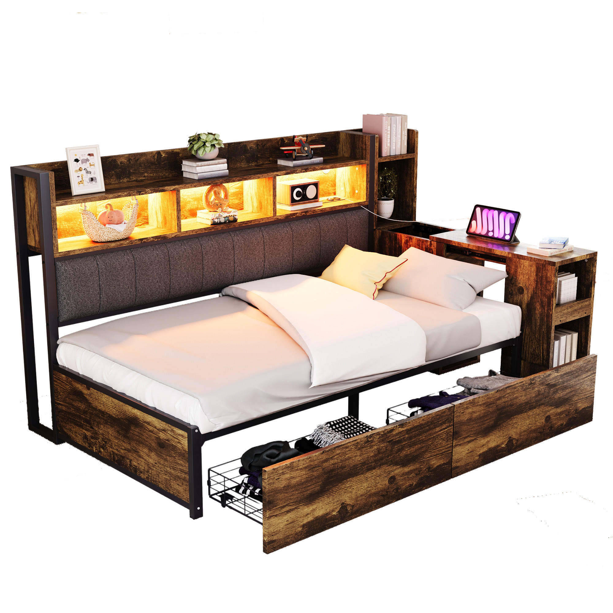FLIEKS ČALOUNĚNÁ POSTEL 90x200cm Dřevo LED Zásuvky Úložná