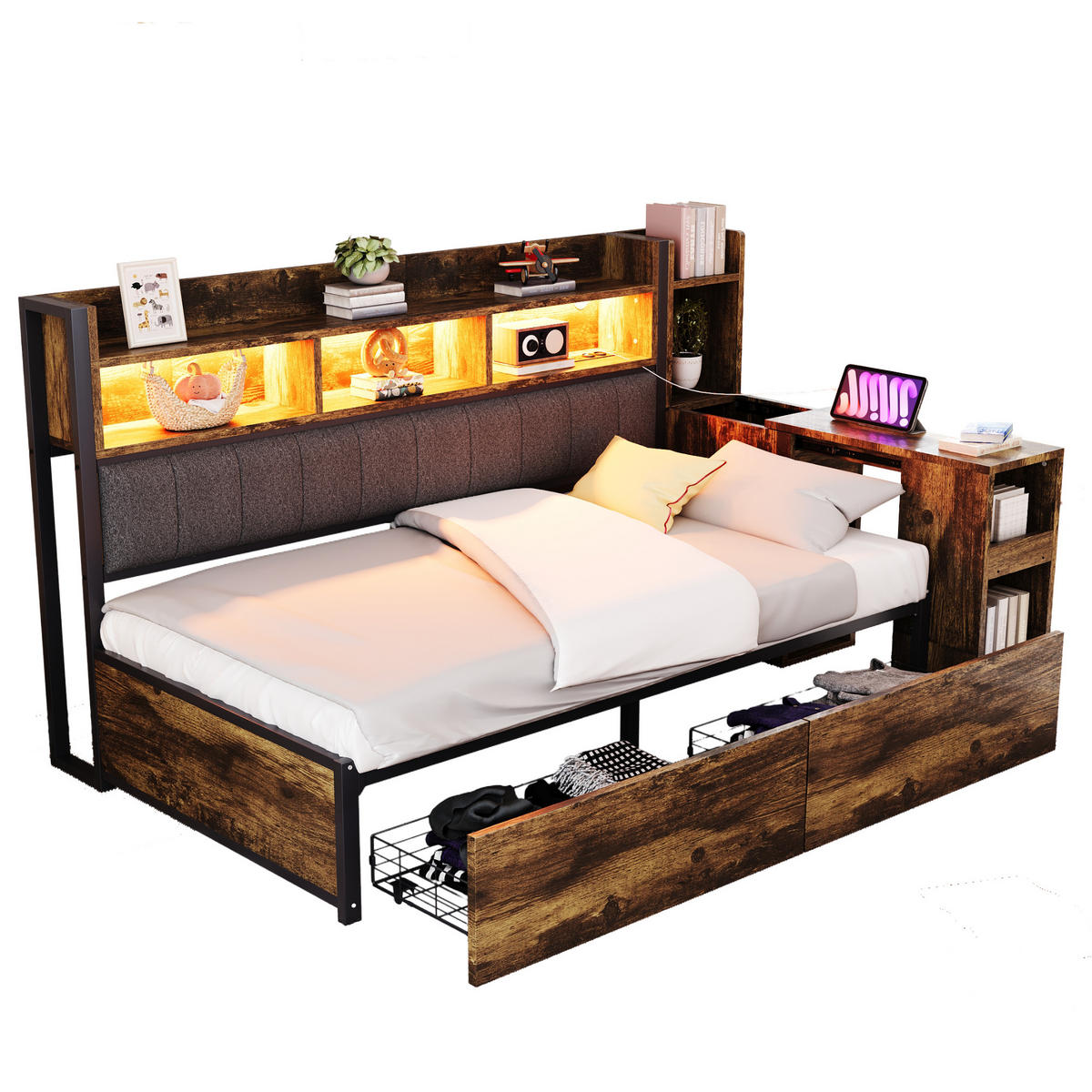 MULTIFUNKTIONSBETT 90/200 cm mit Schreibtisch und Stauraum Holzfarbe aus Metall - Naturfarben, Metall (90/200cm) - OKWISH
