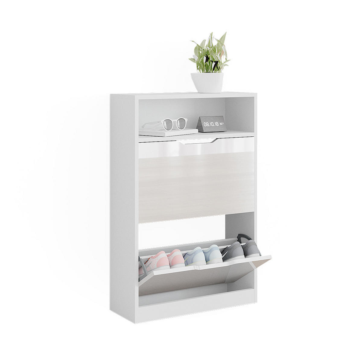 SCHUHKIPPER Luca Weiß Hochglanz 22 x 89.5 cm mit 2 Fächern - Weiß Hochglanz, Holzwerkstoff (59/89.5/22cm) - Vicco
