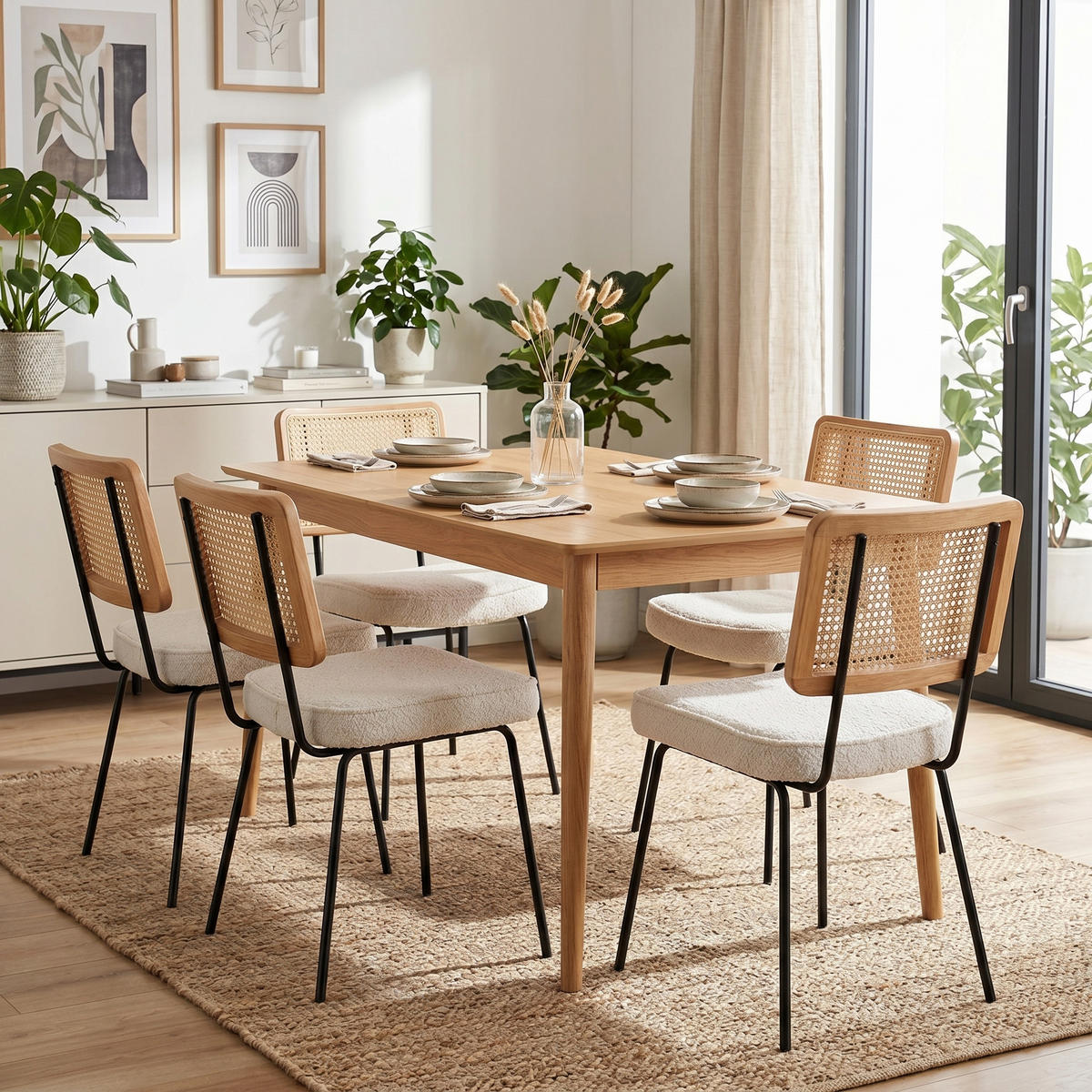 ESSZIMMERSTUHL 2er-Set Vintage PU-Leder Rattan-Optik Holz & Metallfüße - Creme, Textil (47/82/58cm) - Urban Meuble