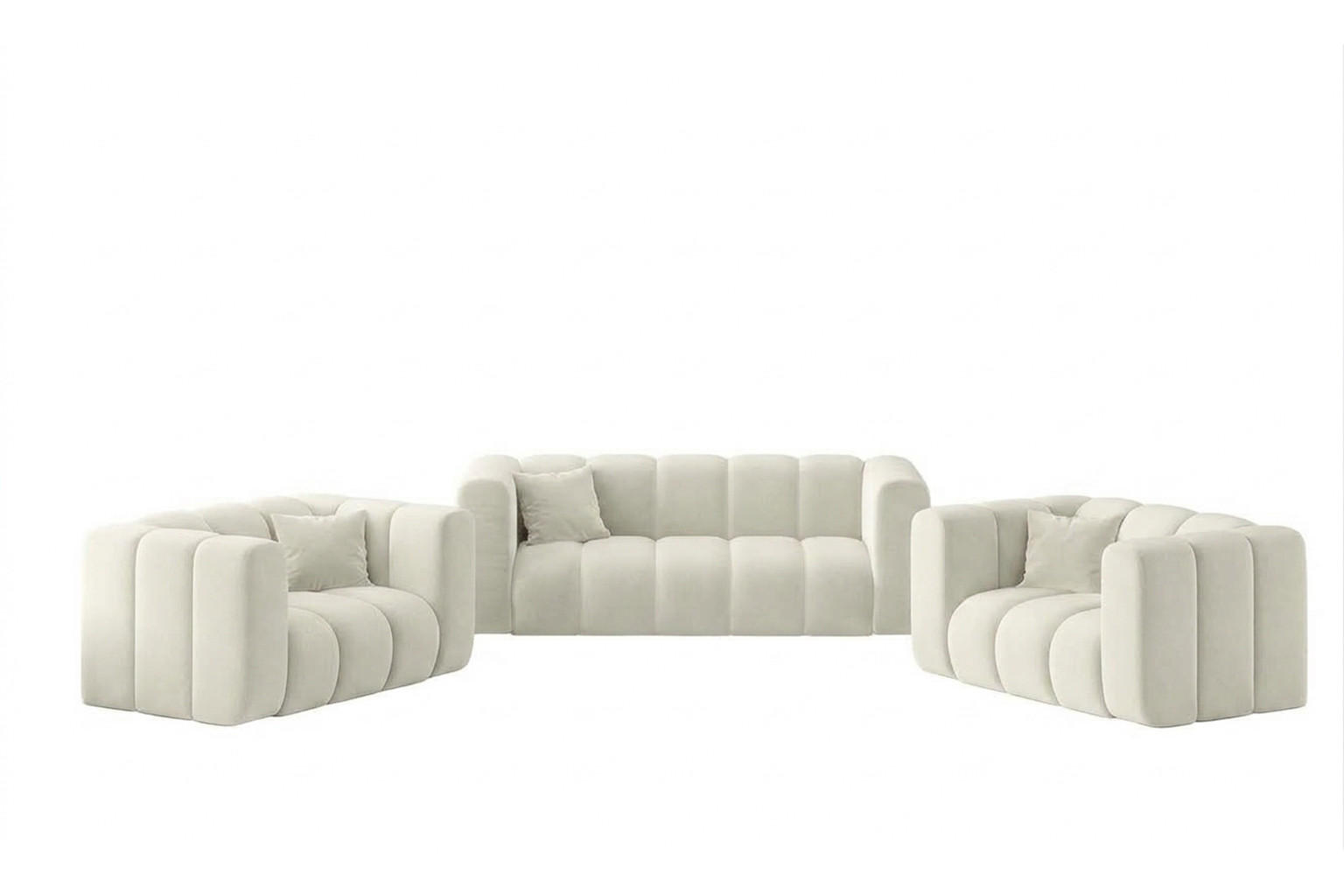 POLSTERMÖBEL-SET Modulares 2+1+1, Velvet-Stoff Riviera, Ecru, GRAND - Creme, Holz (197/70/89cm) - Kaiser Möbel