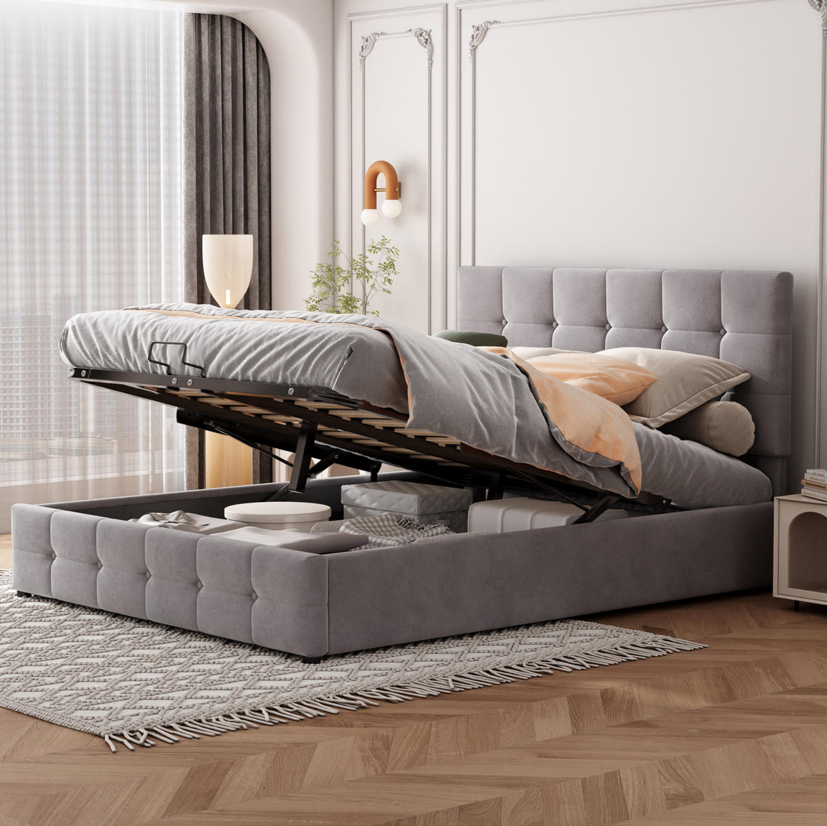 SAMT-POLSTERBETT 140/200 cm mit Bettkasten und gepolstertem Kopfteil - Grau, Textil (140/200cm) - BEAOK