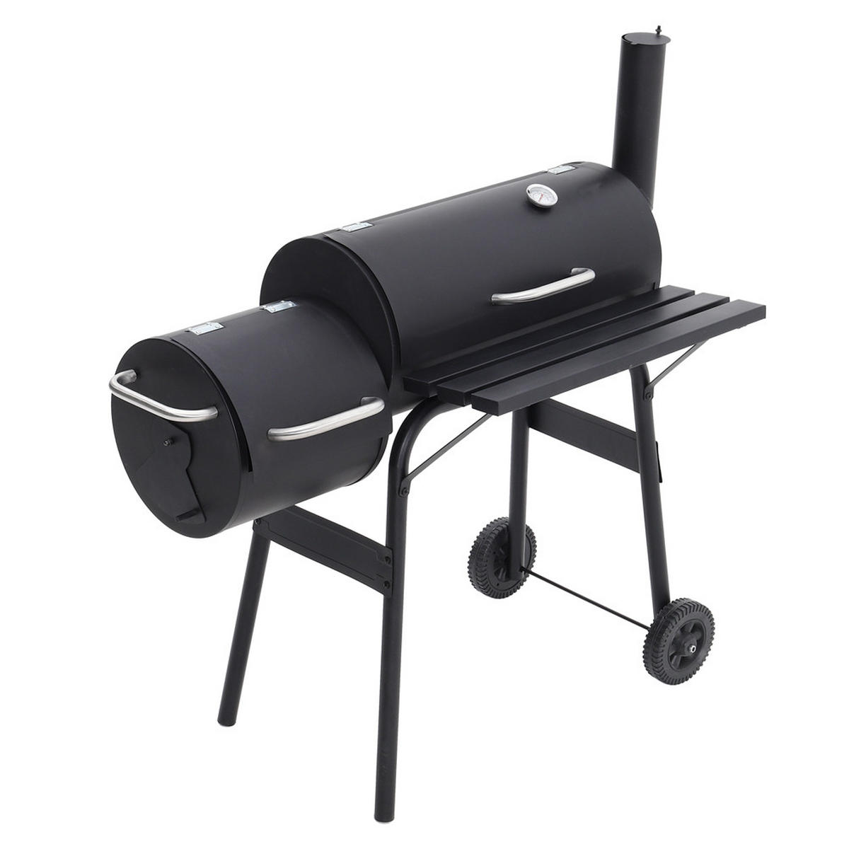HOLZKOHLEGRILL Camping Smoker Grill 2-in-1 Design 3 Grillroste Seitentisch mit Rädern Schwarz ideal für Garten & Picknick - Schwarz, Metall (53/114/115cm) - Livingandhome