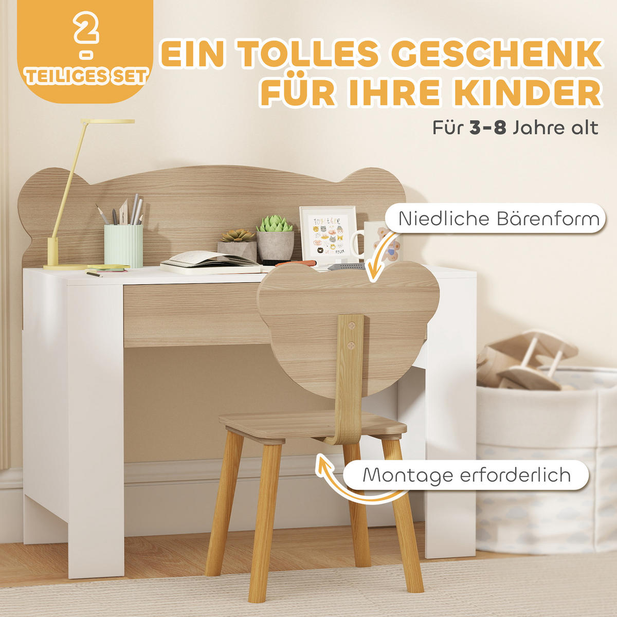 KINDERSCHREIBTISCH Set mit Tischplatte & Schublade Kinder Schreibtisch und Stuhl - Naturfarben, Holz (41/74.5/80cm) - AIYAPLAY