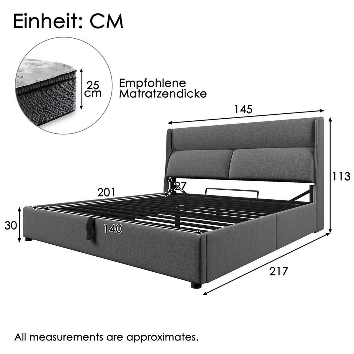 POLSTERBETT 140x200cm Doppelbett hydraulisch mit Stauraum & Kopfstütze Grau - Grau, Holz - FLIEKS