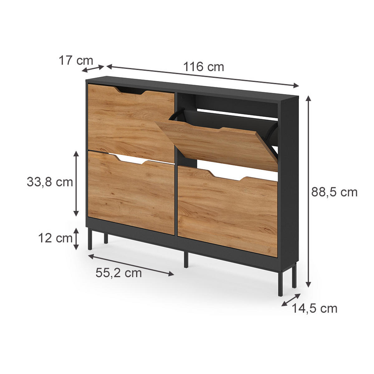 SCHUHKIPPER Luca, Anthrazit/Goldkraft Eiche, 116 x 88.5 cm mit 2x2 Kippfächern - Honigeiche/Anthrazit, Holzwerkstoff (116/88.5/17cm) - Vicco