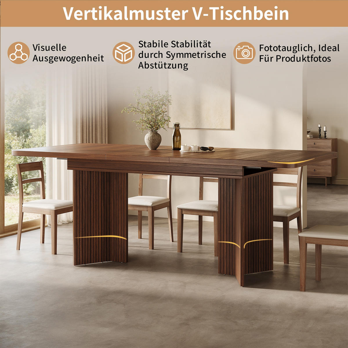 ESSTISCH 120-160/80/76.1 cm Braun mit vertikaler Riffel V-förmigen Tischbeinen - Braun, Holz/Holzwerkstoff (120/80/76.1cm) - Oxeza