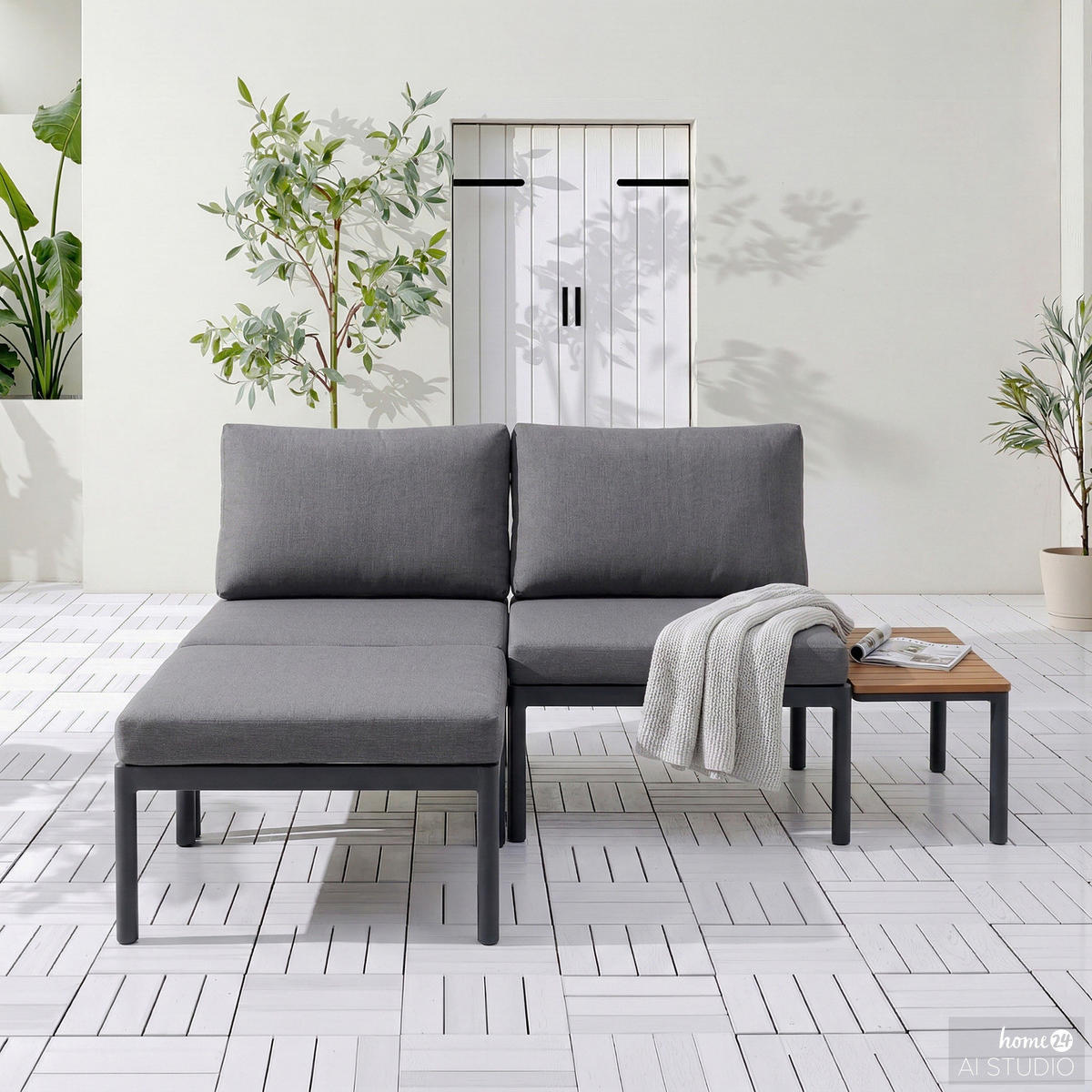 LOUNGESET - 3-teilig - Aluminium - Grau - Grau, Kunststoff/Textil - home24