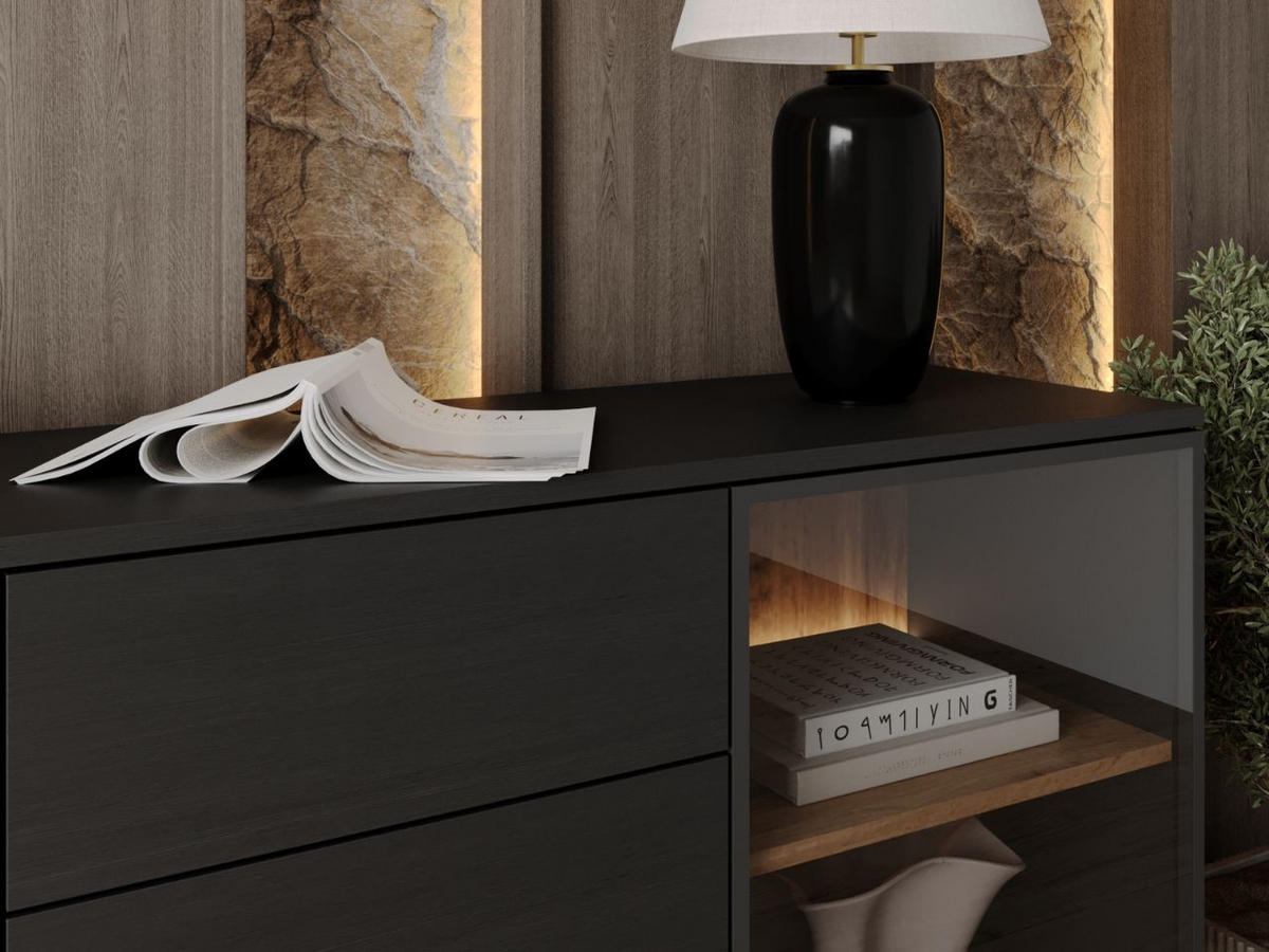 KOMMODE Graphit, Wotan Eichefarben 154/83/39 cm Deo - Eiche Wotan/Schwarz, Naturmaterialien/Glas (154/83/39cm) - Graingold