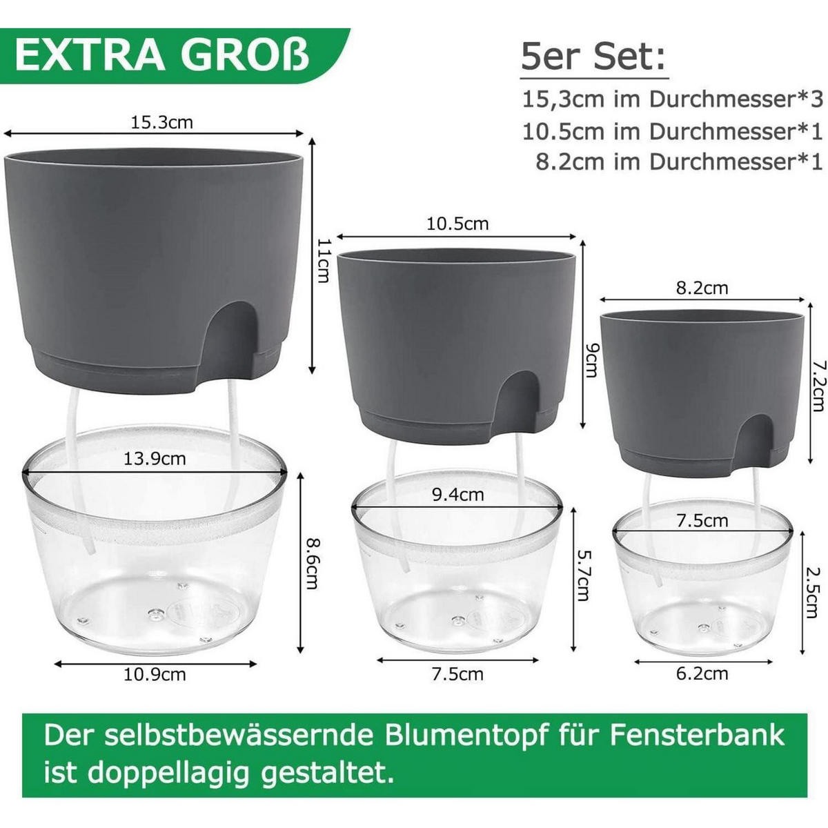 BLUMENTOPF 5er Set mit Bewässerungssystem Grau - Grau, Kunststoff (15.3/18/15.3cm)