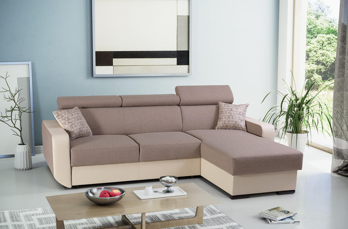 ECKSOFA PALAZZO Braun Geflochtener Stoff mit Schlaffunktion - Braun, Holz (236/165cm) - MASSENO