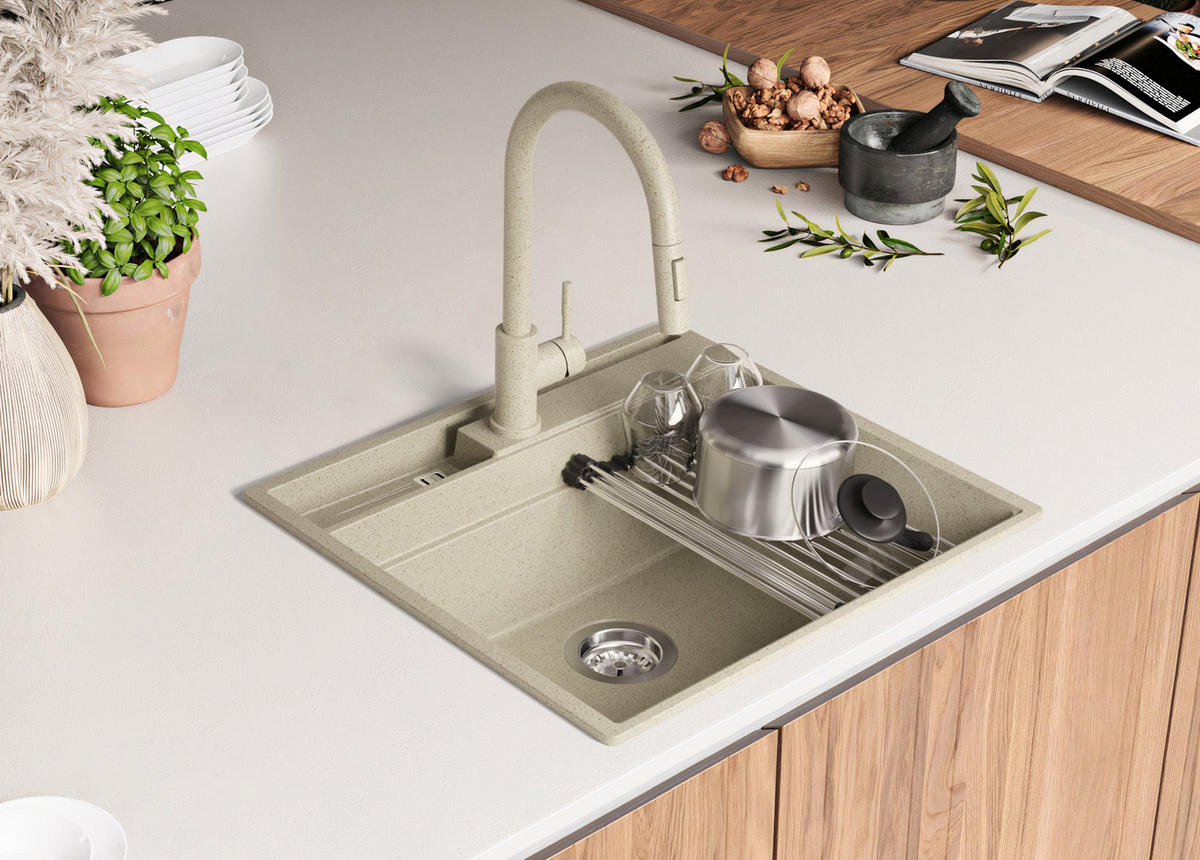 SPÜLBECKEN Oslo Pocket, 2-er set Beige 58/53 cm 1 Becken + Ablauf-Set + Küchenzubehörset ab 60er Unterschrank - Chromfarben/Beige, Kunststoff (58/20/53cm) - Primagran