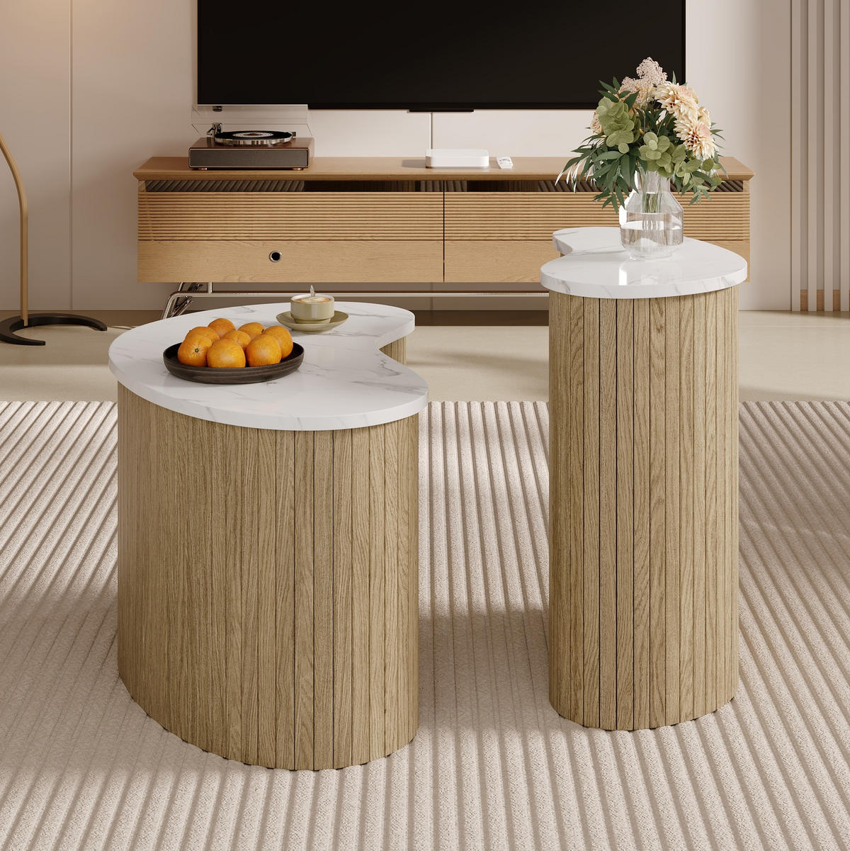 COUCHTISCH 2er-Set geschwungen MDF Natur/Weiß - Weiß, Holz (60/60/38cm) - Meubliv