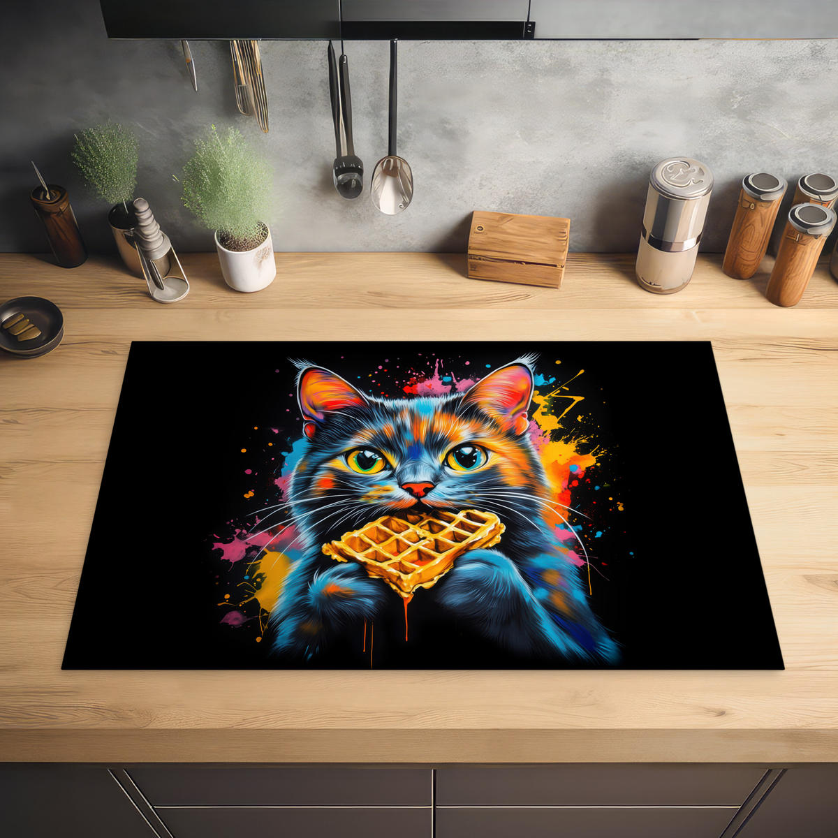 HERDABDECKPLATTE Katze - Graffiti - Bunt - Waffel - Essen Induktionsmatte 81x52 cm - Multicolor, Kunststoff (81/52/0.2cm) - MuchoWow