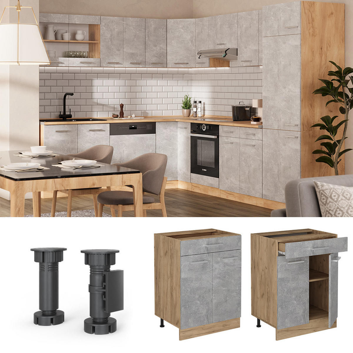 KÜCHENUNTERSCHRANK R-Line Beton 60 cm mit Schublade, AP Anthrazit - Honigeiche/Schieferfarben, Holzwerkstoff (60/81.6/60cm) - Vicco