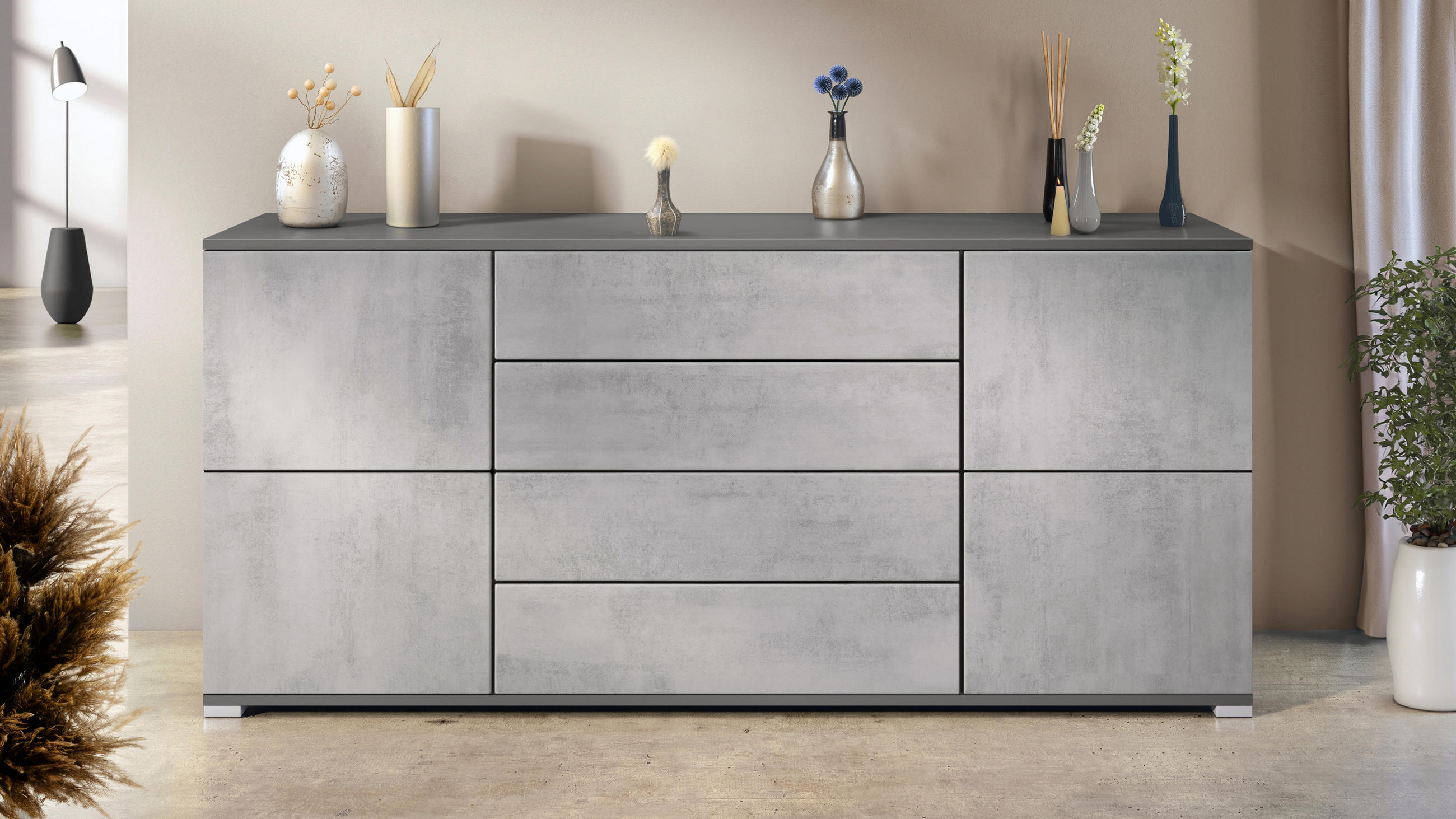 SIDEBOARD Rova Beton Oxid Optik - Hellgrau, Holzwerkstoff (166.5/75.5/35cm) - Vladon