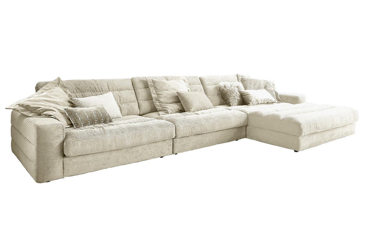 ECKSOFA XL LANA Cremeweiß Cord - Creme/Schwarz, Textil (416/205cm) - KAWOLA