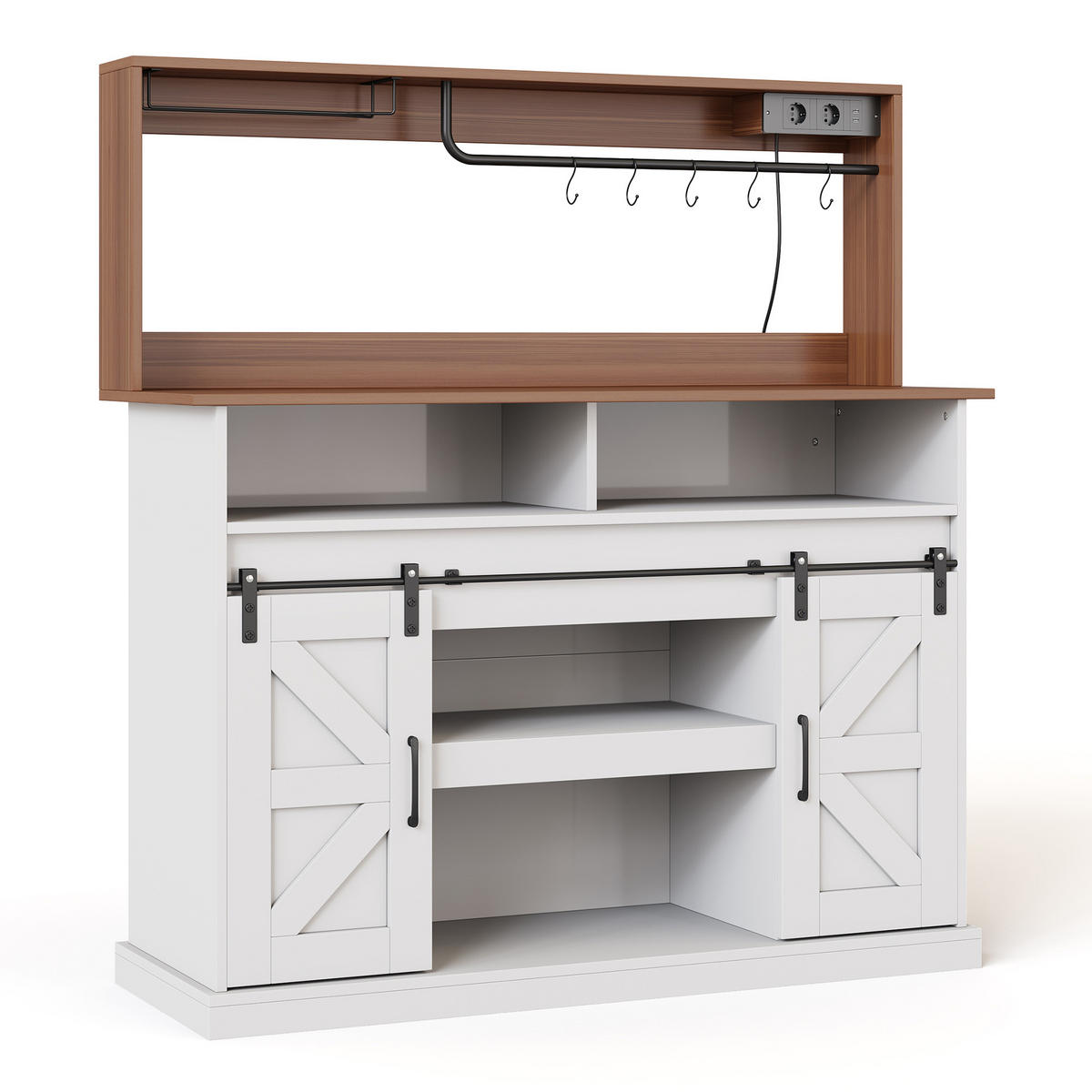 SIDEBOARD 120/40/130 cm Weiß mit Gläserhalter und Steckdosen (2×AC, 2×USB) und Stauraum - Weiß, Holz (120/130/40cm) - Oxeza