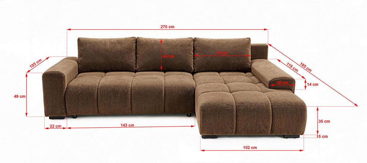 ECKSOFA Ovia mit Bettkasten und Schlaffunktion, Bouclé-Stoff in L-Form - Braun, Textil (270/185cm)