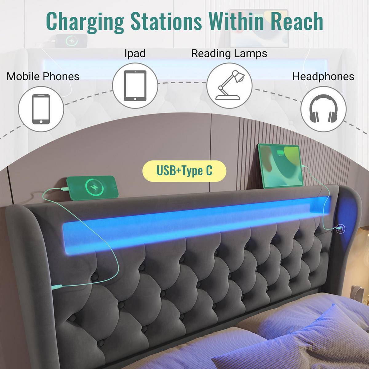 POLSTERBETT 160x200cm Doppelbett LED USB-C & Hydraulik Grau Samt - Grau, Holz (160/200cm) - FLIEKS