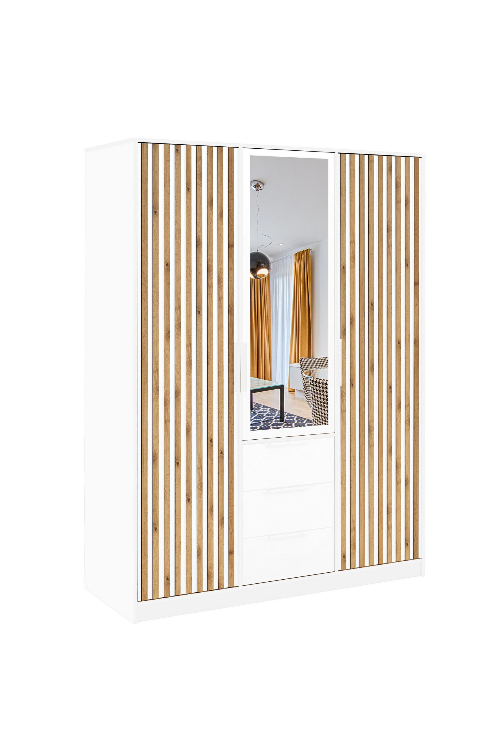 DREHTÜRENSCHRANK GAREN 149/200/57,5 cm 3-türig mit Spiegel Weiß - Weiß, Holzwerkstoff (149/200/57.5cm) - MASSENO